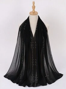 1pc Women's Black Heavy Embroidery Chiffon Muslim Hijab Scarf With Rhinestones - Black - View 3