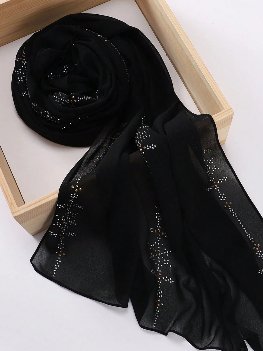 1pc Women's Black Heavy Embroidery Chiffon Muslim Hijab Scarf With Rhinestones - Black - View 1