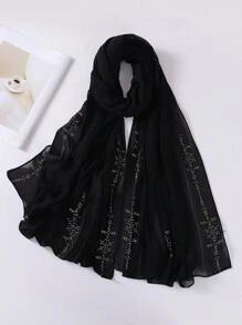 1pc Women's Black Heavy Embroidery Chiffon Muslim Hijab Scarf With Rhinestones - Black - View 2