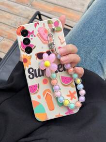 1pc White TPU Summer-Themed Anti-Fall Phone Cover And 1pc Pink Floral Beaded Phone Lanyard Compatible With IPhone, Matching And Fun Phone Cases, Android Phone Cases, Samsung, Xiaomi, Oppo, Compatible With IPhone 15 Pro MAX, Samsung A14, A54, A52, A31 4G, A23, Redmi Note 8 Pro, Note 11 Pro 4G And Note 12 4G, OPPO A54