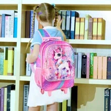 3PCS Rolling Backpack For Girls,Kids Unicorn  Wheeled Bookbag - Pink - View 5