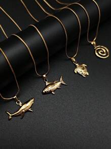 1pc Bohemian Ocean Beach Style Stainless Steel Shark, Fish, Sea Turtle Twirl Pendant Necklace, Luxury Minimalist Fashion Accessory