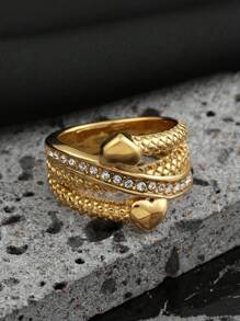 1pc时尚不掉色18k钛钢戒指爱心镶嵌水钻欧美不锈钢锆石轻奢百搭优雅指环戒指日常佩戴约会女士礼物 - 金色 - 查看 5