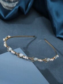 1入組優雅柔和香檳色花形仿珍珠和鑽石裝飾金屬髮箍，適用於日常穿戴 - 彩色 - 查看 14