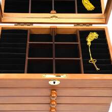 6 层大号珠宝盒，带 5 个抽屉和镜子，复古手镯项链戒指收纳盒，可上锁木制珠宝盒，适合女士女孩，11.6x7.3x9.8 英寸，返校宿舍收纳 - 棕色 - 查看 6