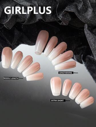 GIRL PLUS Girlplus "Long Milk Fu" 10Pcs Of Pure Handmade Fake Nail Trombone/Medium Coffin Press On Nails, Light Pink Simple Gradual Change Wearing Press On Nails, Gentle And Lovely White Fashion Press On Nail Kit, Suitable For Women Of Any Skin Color Daily Wear Nail Supplies Nails