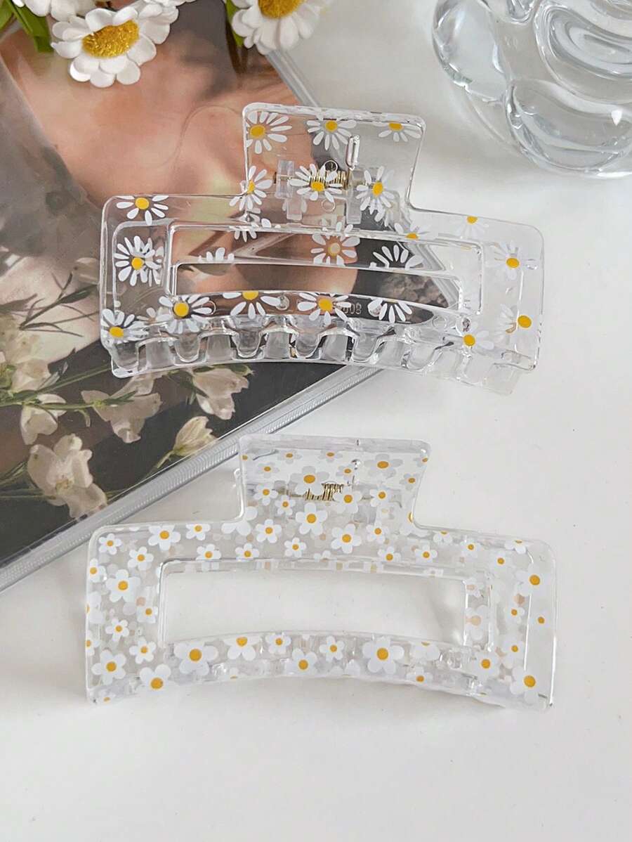 2 chiếc kẹp tóc vuông trong suốt in hình hoa cúc tối giản, phụ kiện tóc thanh lịch cho các bữa tiệc và tiệc trà, kẹp tóc hình hoa ngày Valentine, kẹp tóc hàm, kẹp tóc cài, kẹp giữ tóc, kẹp tóc mùa thu đông cho trang phục đi nghỉ mát dành cho nữ mùa hè - Nhiều màu - Xem 1
