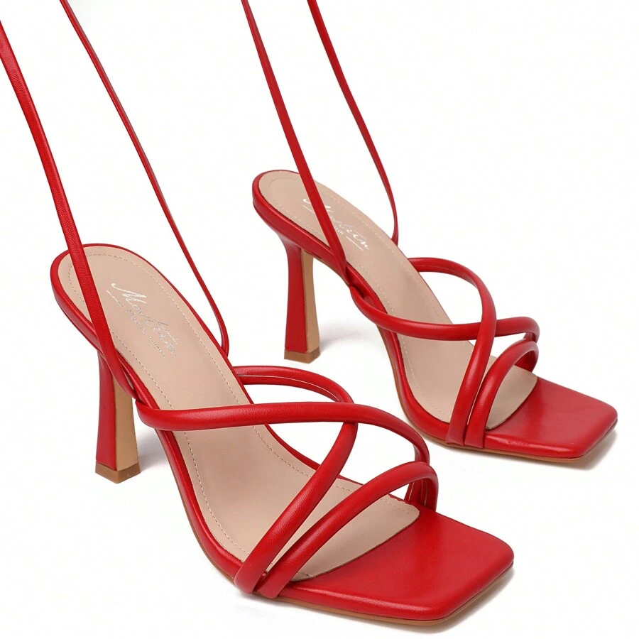 女款紅色涼鞋，繫帶高跟鞋，鑽石尖頭露趾鑽石高跟涼鞋，適用於舞會、派對 - 紅色 - 查看 1