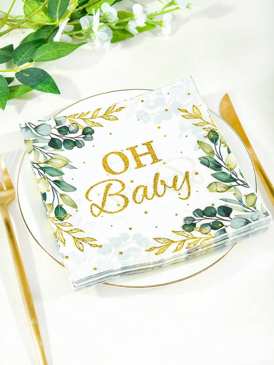 24 件装桉树叶 Oh Baby 餐巾纸 绿色婴儿洗澡派对用品 鼠尾草绿色午餐餐巾纸 一次性纸巾 适用于婴儿洗澡男孩女孩儿童餐桌装饰 婴儿洗澡家庭装饰礼物 - 彩色 - 查看 1