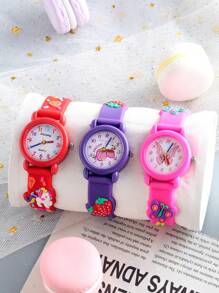 3pcs Dry Battery Girls' Cute Round Watch Decorated With Butterfly, Unicorn And Strawberry Patterns, Versatile Quartz Watch For Daily Wear And Gifting - Multicolor - View 1