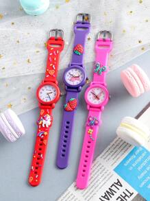 3pcs Dry Battery Girls' Cute Round Watch Decorated With Butterfly, Unicorn And Strawberry Patterns, Versatile Quartz Watch For Daily Wear And Gifting - Multicolor - View 2