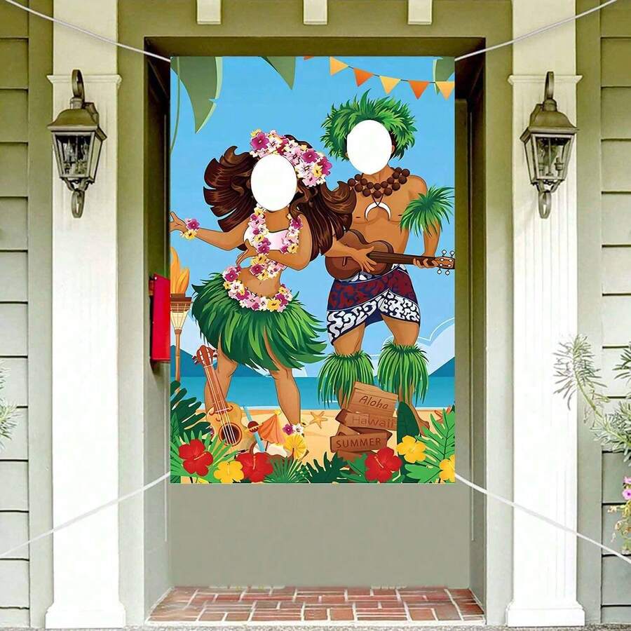 1.5*1M/1.8*0.9M夏威夷風格的草裙舞派對裝飾，有趣的露臉塑膠背景牆 - 夏威夷趣味露臉背景布 - 查看 1