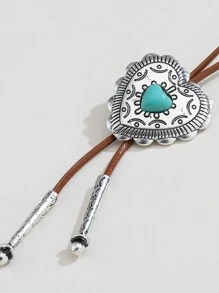 1pc Vintage Turquoise Cross Necklace, European And American Style, Fashion Leather Cord, Non-Fading, Retro Heart Sweater Chain, Gift For Men, Women, Couples - Multicolor - View 2