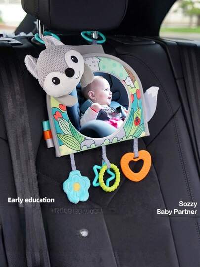 Adorable Cartoon Animal Baby Car Mirror With Teether - Rear Facing Seat Monitor For Infants Toddlers, Includes Stroller Hook Pacifier Toys - Perfect Newborn Gift One Cartoon Mirror Baby Observation Mirror Reflective Rearview Mirror