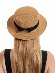 女士草帽可折叠软边沙滩夏季帽子超大编织宽边蝴蝶结蕾丝女士 - A - 查看 8