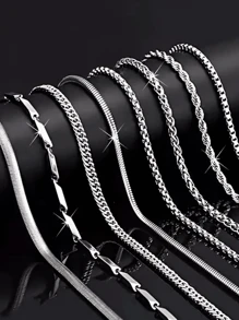 8pcs Fashionable Stainless Steel Chain Necklace Set For Men - DIY Mix And Match, Everyday Wear