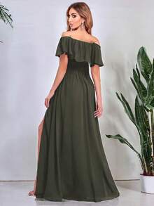 Vestido Elegante De Hombros Descubiertos Con Abertura Para Mujer, campesino - Verde militar - Ver 3