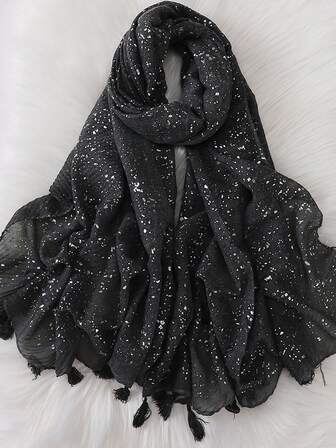 1pc Women's Plus Size Metallic Pleated Fringe Muslim Hijab Scarf