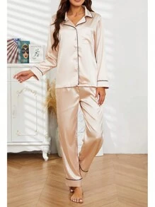 2 Piezas Conjuntos de Pijamas para Mujer de Satén de Seda y Pantalones de Mujer, Pijama de Dos Piezas Pijama con Botones, pijamas de mujer, pijama dama seda, pijamas para pareja, pijama de seda mujer, pijamas familiares, pijamas en satin, pijamas completas - Champán - Ver 3