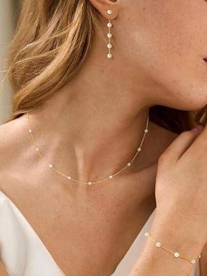 4 Peças Conjunto de Joias Elegante e da Moda Feminino de Pérola Sintética, Inclui Colar, Brincos, Pulseira, Colar, Pulseira e Conjunto de Brincos de Pérola em Ouro 14K/Prata, Adequado para Uso Diário ou Festa, Presente de Joia Exquisita para Senhoras