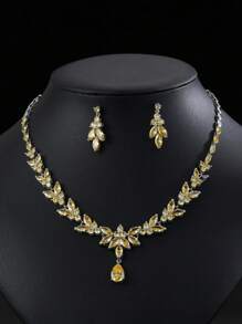 1 Set Of 3pcs Fashionable And Minimalist Cubic Zirconia Necklace Earrings Set For Wedding, Banquet And High-End Jewelry, With Leaf & Water Drop Decoration, Suitable For Women's Festival Wear