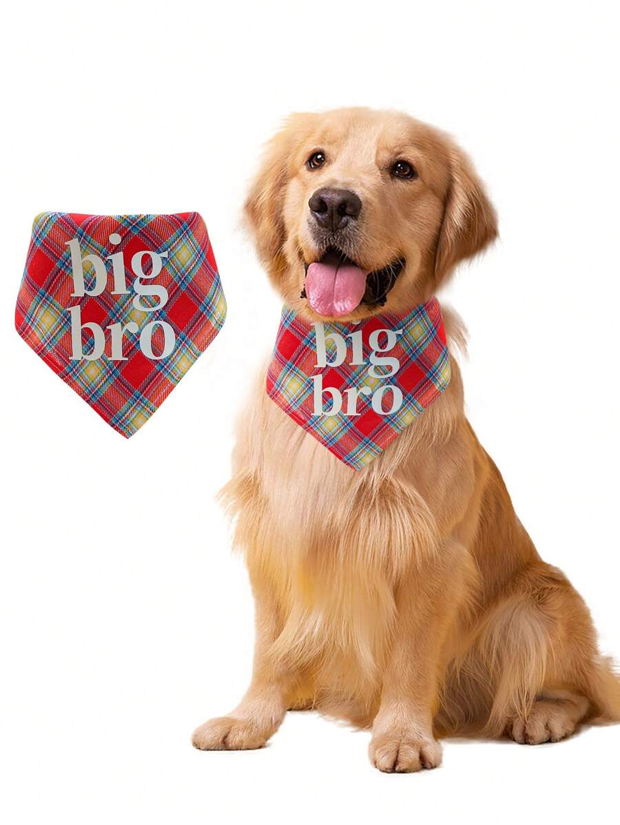 1pc Pet Bandana Bibs, Triangle Scarf, Large Brother, For Dogs And Cats, Red Plaid Design - Red - View 1