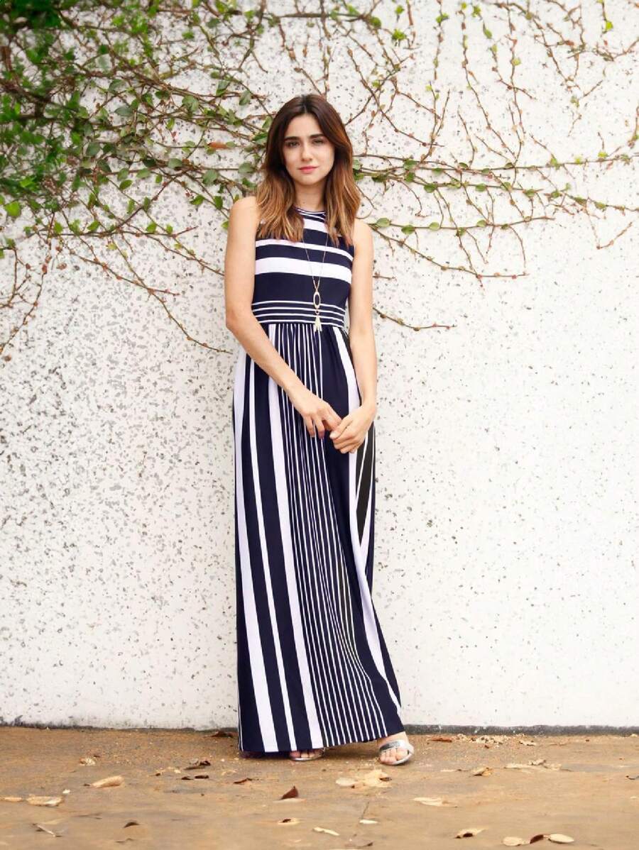 Elegant Stripe Maxi Dress With Side Pockets Versatile Summer Dress For Women - Màu xanh hải quân - Xem 1