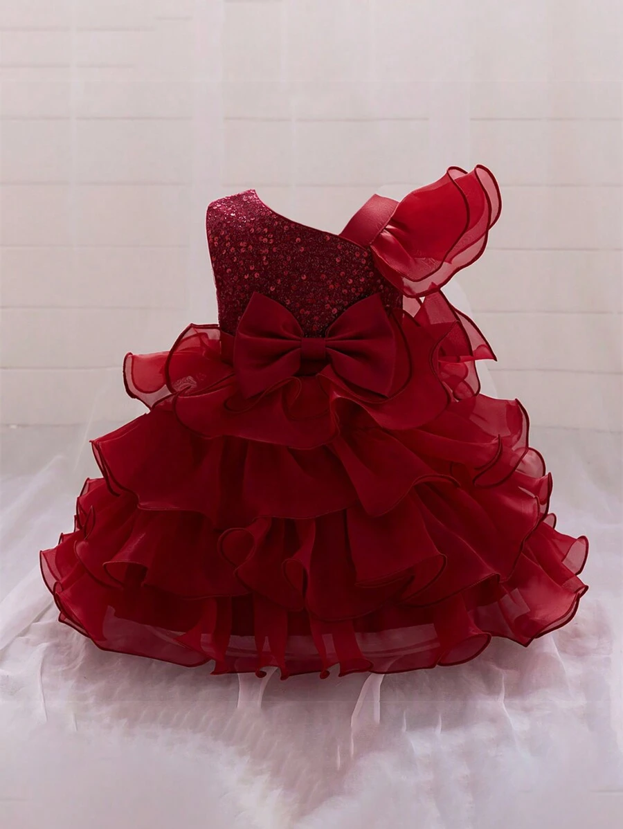 Baby Girl Sequin Bow Layered Tulle Cake Puff Princess Dress, & Elegant For Birthday Party, Wedding, No Headband Included - Burgundy - View 1
