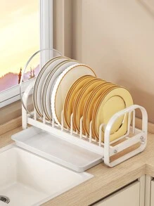 CASEGRACE 1pc Dish Rack Bowl Plate Storage Shelf For Cabinet, Bowl Plate Rack With Pull-Out Drain Tray, Kitchen Dish Storage Organizer