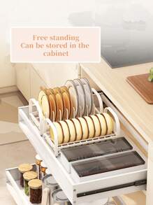 CASEGRACE 1pc Dish Rack Bowl Plate Storage Shelf For Cabinet, Bowl Plate Rack With Pull-Out Drain Tray, Kitchen Dish Storage Organizer