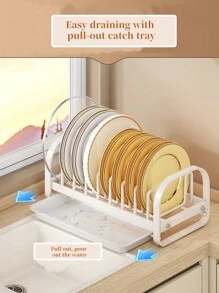 CASEGRACE 1pc Dish Rack Bowl Plate Storage Shelf For Cabinet, Bowl Plate Rack With Pull-Out Drain Tray, Kitchen Dish Storage Organizer