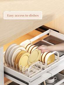 CASEGRACE 1pc Dish Rack Bowl Plate Storage Shelf For Cabinet, Bowl Plate Rack With Pull-Out Drain Tray, Kitchen Dish Storage Organizer