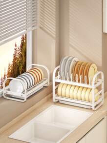 CASEGRACE 1pc Dish Rack Bowl Plate Storage Shelf For Cabinet, Bowl Plate Rack With Pull-Out Drain Tray, Kitchen Dish Storage Organizer