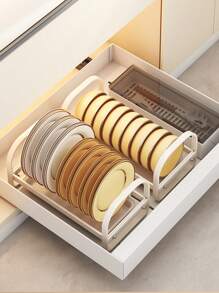 CASEGRACE 1pc Dish Rack Bowl Plate Storage Shelf For Cabinet, Bowl Plate Rack With Pull-Out Drain Tray, Kitchen Dish Storage Organizer