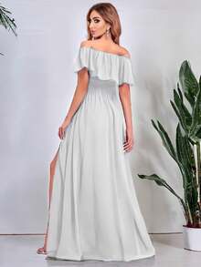 Vestido Elegante De Hombros Descubiertos Con Abertura Para Mujer, campesino - Blanco - Ver 3