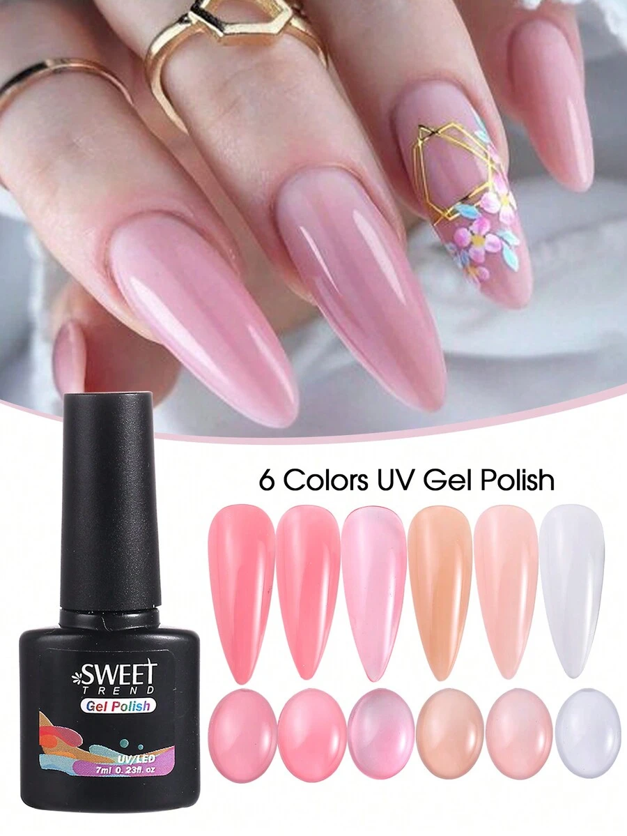 6入組果凍裸色凝膠指甲油套裝，白色、粉色、橘色 顏色，7毫升凝膠指甲油，可以浸泡卸除，適用於UV指甲藝術，夏季DIY美甲沙龍及家居使用 - 彩色 - 查看 1