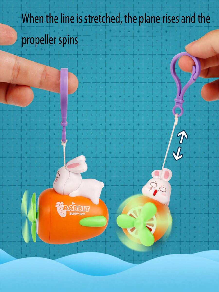 1入新款兔子造型旋轉鑰匙扣，帶胡蘿蔔和兔子飛機造型壓力放鬆拉繩玩具掛飾，精美裝飾袋子和背包 - 彩色 - 查看 1