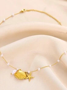 1PC 2025 Summer Starfish Shell Pearl Necklace For Women Men Gold Plated Choker Stainless Steel Jewelry Beach Vacation Gift