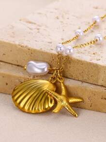 1PC 2025 Summer Starfish Shell Pearl Necklace For Women Men Gold Plated Choker Stainless Steel Jewelry Beach Vacation Gift