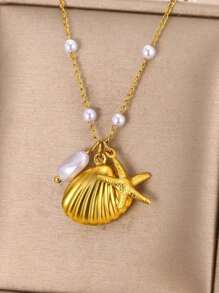 1PC 2025 Summer Starfish Shell Pearl Necklace For Women Men Gold Plated Choker Stainless Steel Jewelry Beach Vacation Gift