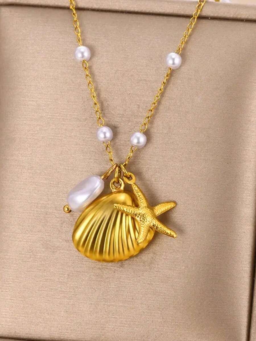 1PC 2025 Summer Starfish Shell Pearl Necklace For Women Men Gold Plated Choker Stainless Steel Jewelry Beach Vacation Gift