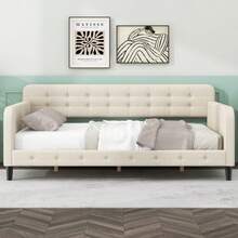 Twin Size Upholstered Tufted Daybed With 4 Support Legs, Beige/Pink - Beige - View 2
