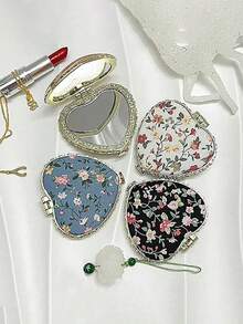 1pc Portable Heart-Shaped Folding Makeup Mirror With Cute Cloth Cover And Printed Pattern,Double Side Cosmetic Mirror Compact Vanity Mirror, Pocket Mirror,Living Room Home Bedroom Bathroom House Decor, Travel Stuff, Wedding, Party, Birthday, Gifts For Men Mom Dad Best Friends Teacher, New Years, Accessories, Funny Gift