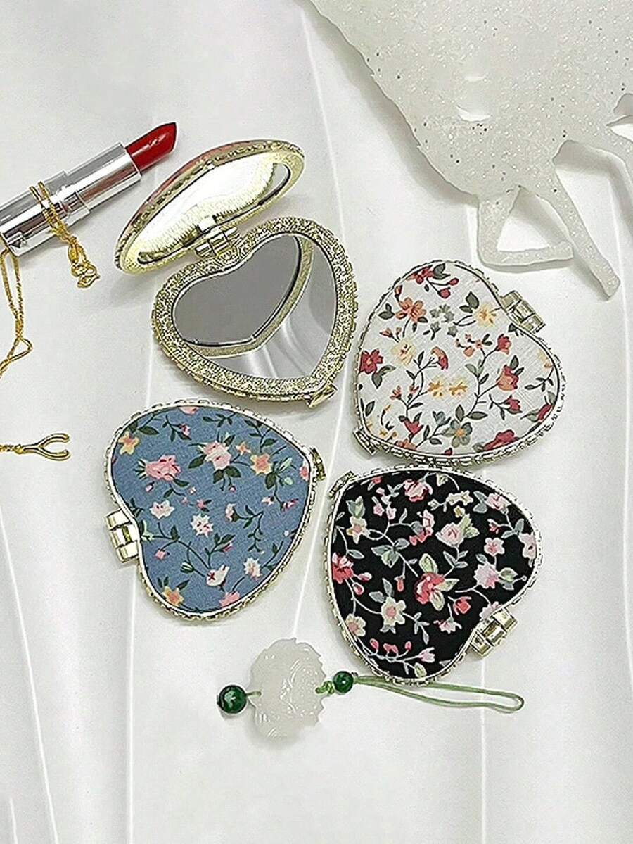 1pc Portable Heart-Shaped Folding Makeup Mirror With Cute Cloth Cover And Printed Pattern,Double Side Cosmetic Mirror Compact Vanity Mirror, Pocket Mirror,Living Room Home Bedroom Bathroom House Decor, Travel Stuff, Wedding, Party, Birthday, Gifts For Men Mom Dad Best Friends Teacher, New Years, Accessories, Funny Gift