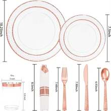 Liacere 350PCS Resuable Rose Gold Plastic Plates-Clear Rose Plates 50 Guests Include 50 Dinner Plates, 50 Salad Plates,50 Forks,50 Knives,50 Spoons,50 Cups,50 Napkins For Wedding&Party, For Christmas Party - Rose Gold - View 2