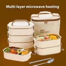 1pc/1set, 304 Stainless Steel Material Rectangular Lunch Box, Three/Two/Single Lunch Box. Includes Matching Thermal Bag, Tableware. Can Be Used For Microwave Heating, Removable, Easy To Clean, Easy To Carry, Large Capacity Bento Box. Suitable For Individuals, Students, Office Workers.,Kitchen,Christmas Gift,School Supplies - Multicolor - View 4