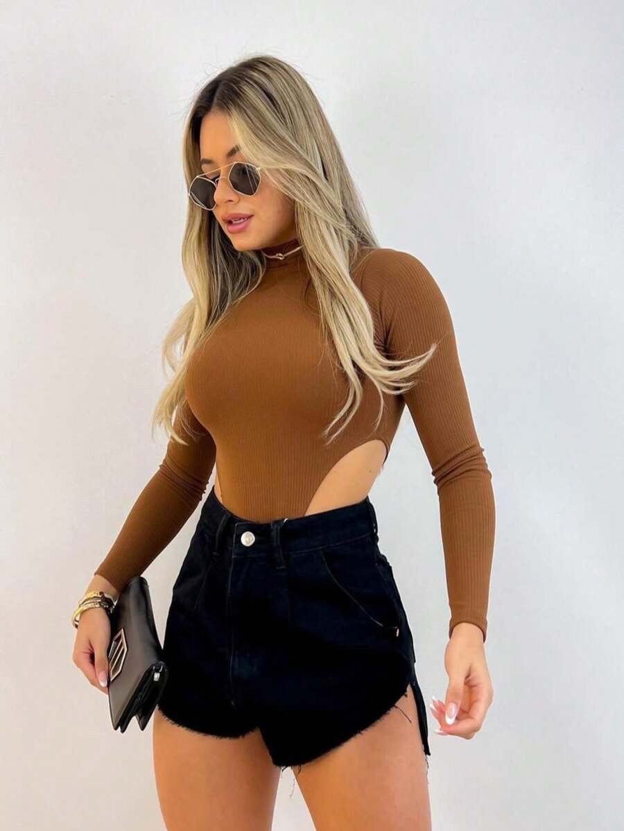 Body Gola Alta Manga Longa Cavado Inverno Colado Segunda Pele Basico - Marrom - Visão 1