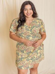 Black Yellow Ditsy Floral Puff Short Sleeve Wrap Tie Surplice V Neck  Mini Dress Swing Southern Dress | Small -3 XL - 黃色 - 查看 2