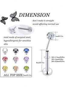 10 pièces Anneau de lèvre à pression en acier inoxydable / acier chirurgical de 20G 18G 16G, bijoux Labret, Anneau de lèvre Monroe, Clou de cartilage, Boucles d'oreilles spirale pour Tragus, Boucles d'oreilles en spirale, Anneau de nez, Bijoux de piercing Medusa, pour hommes et femmes, avec cubic zirconia cubique de 3 mm