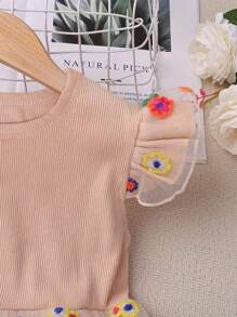 少女休闲度假风彩色花卉刺绣网纱长袖连衣裙，适合夏季穿着 - 藕粉色 - 查看 4